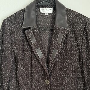 St. John Collection Marie Gray 10 Santana Knit Brown Blazer w/ Leather Trim‎